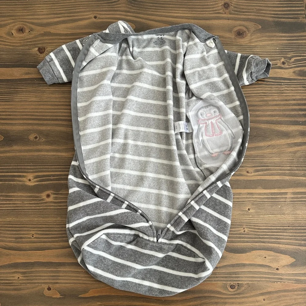 Baby Carter’s Penguin Sleep Sack 0-9 Months Gray White Striped Zip